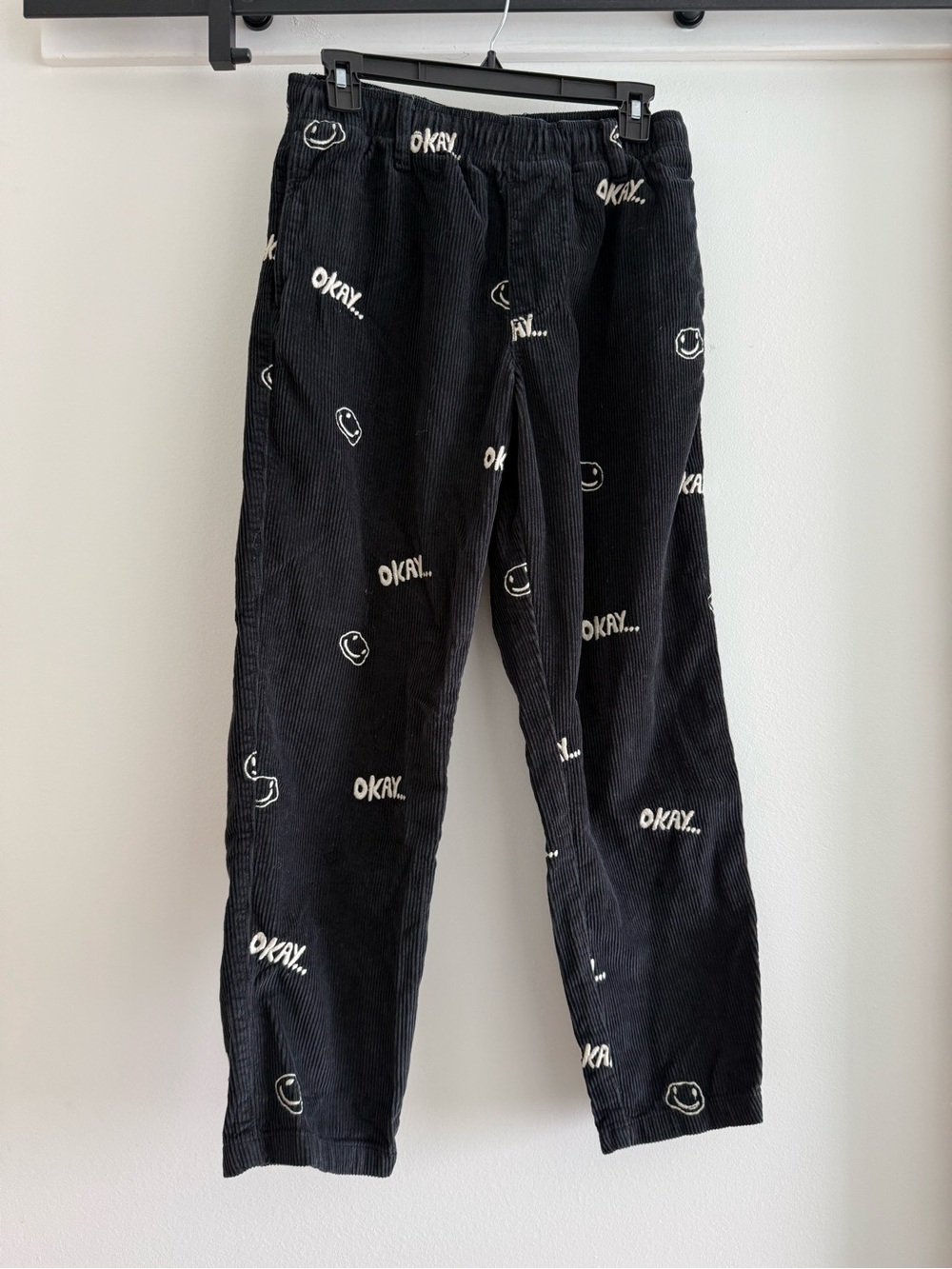 Urban Outfitters Black Corduroy Straight-Leg Pants with White 'OKAY' Print